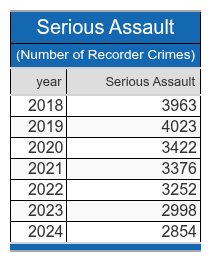 a table depicting serious assault crime trend 2018 2024 